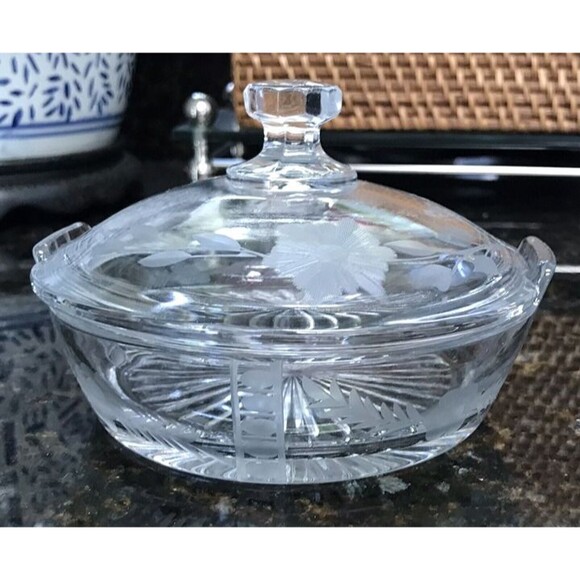Antique Heisey Clear Glass Lidded Lemon Covered Dish Etched Floral Design - Picture 1 of 6